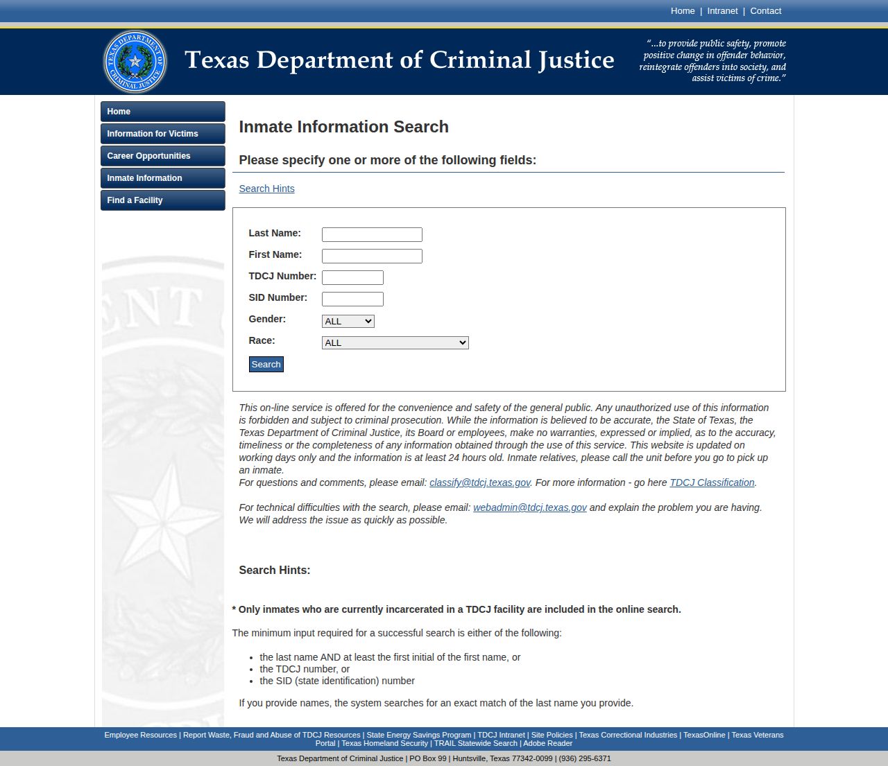 TDCJ search for an Angelina County projected release date